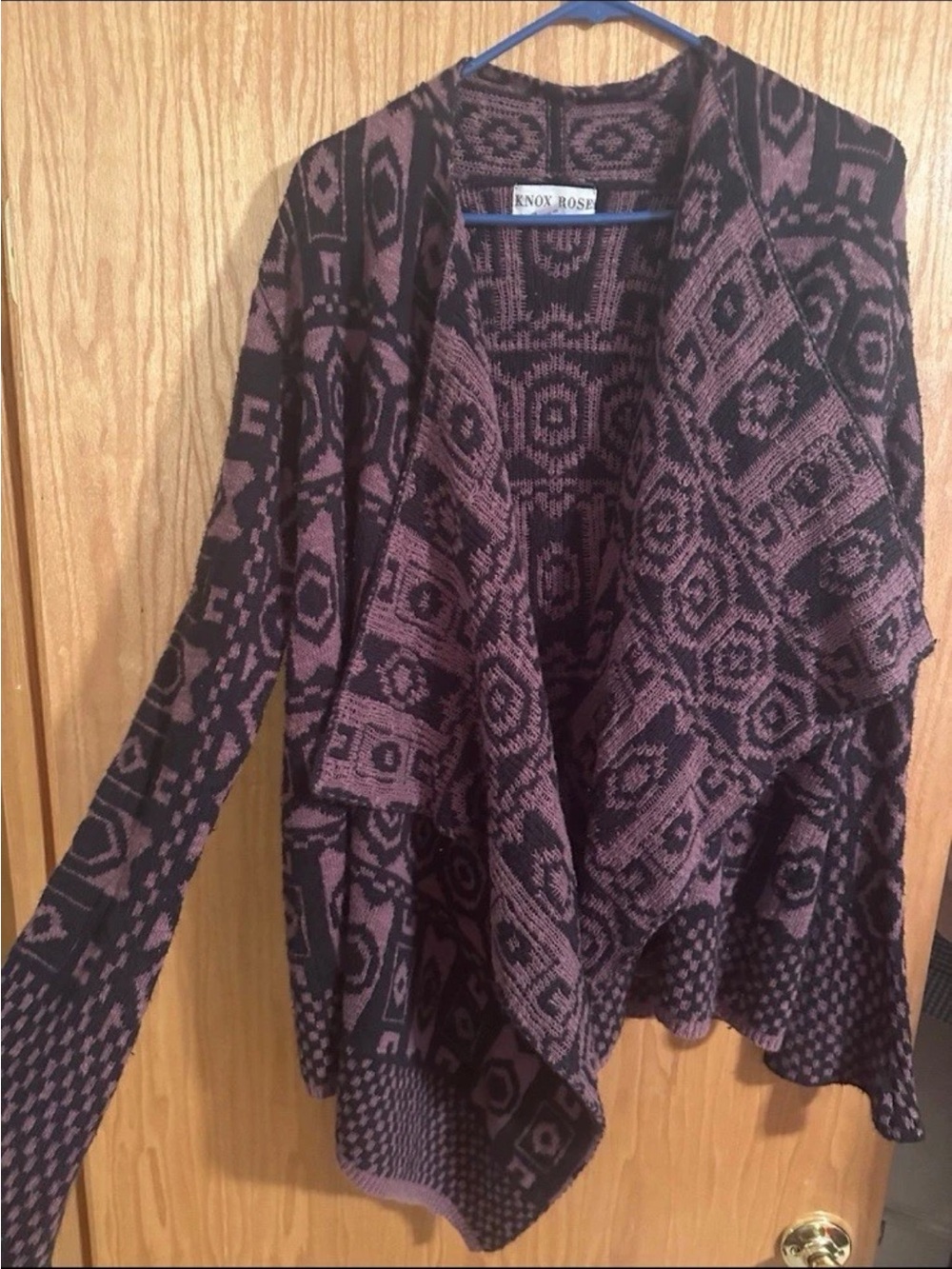 Knox Rose Black and Mauve Aztec-Pattern Open Cardigan